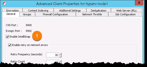 Figure 31. Advanced Client Properties for hyperv-node1. Expand the Client Computers node in the CommCell Browser.