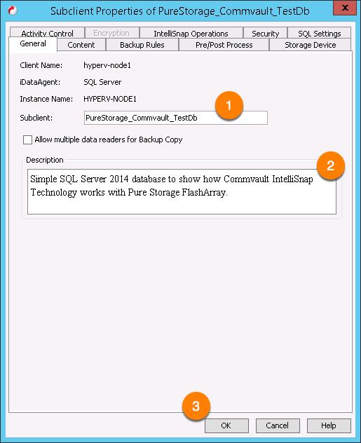 Figure 34. New SQL Subclient Properties. Click the Content tab to configure the Database List. The first step is to add the PureStorage_Commvault_TestDb database to the list.