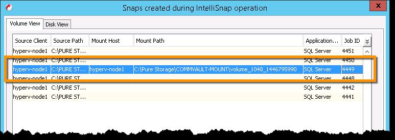 Moving back over to the Commvault Administration interface the the dialog will show that the snapshot