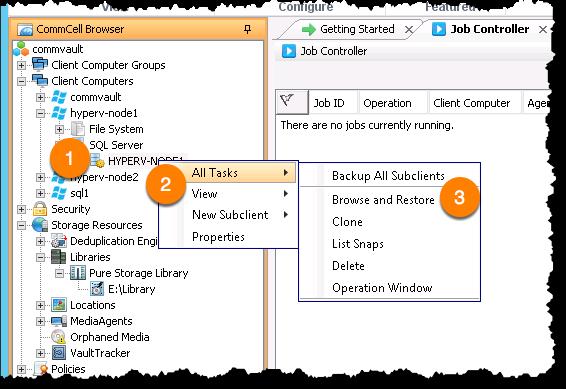 As shown in Figure 73, from the CommCell browser expand the Client Computers node elements until the SQL Server and HYPERV-NODE1 can be seen.