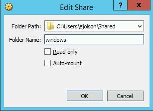 The resulting Settings dialogue should now look like Finally, configure a Shared Folder to allow easy exchange of data between Microsoft Windows and the