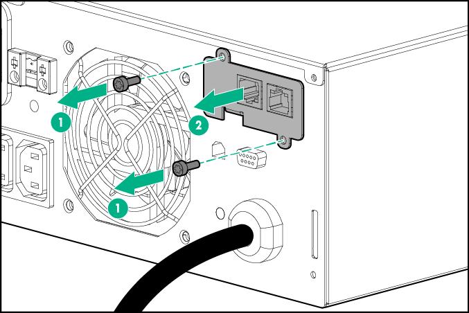 1. (optional) To replace the component with the UPS powered down, refer to "Powering down the UPS (on page 32)." 2. Disconnect all cables attached to the UPS Network Module connectors. 3. Remove the two screws securing the UPS Network Module and slide the module out.