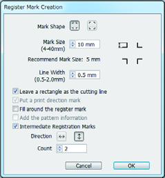 Making Register Marks CG/CJV30/TPC/CJV300/CJV150 series 1 Enclose an object with a rectangle on the position for making a register mark. 2 3 Set [Register Mark Creation] button in the FineCut menu.