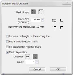 CFL-605RT 1 Enclose an object with a rectangle on the position for making a register mark. 2 [Register Mark Creation] button in the FineCut menu. 3 Set the shape or others for the register mark.