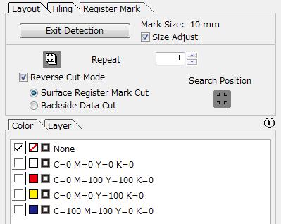 Cutting an Object 3 Set the reverse cutting. Reverse Cut Mode: Check and select [Surface Register Mark Cut]. Search Position: Search position of register mark is only four points.