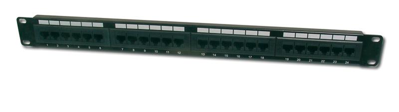 Patch Panel DIGITUS CAT 5e 19" patch panel CAT5e up to 100Mhz, ISO IEC 11801, EN 50173 1 Gbit Ethernet Housing of sheet steel Grey RAL 7035 Shielded RJ45 female sockets, 8P8C Cable installation via