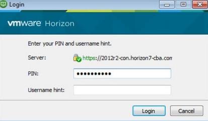2 Double-click on the VMware View server The PIN code login window is opened Enter the PIN code and click Login After successful authentication, the client machine