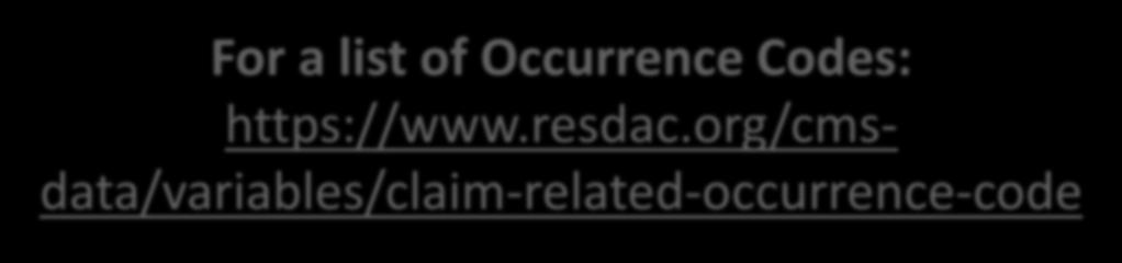 Resources for Occurrence Code and Occurrence Span Codes For a list of Occurrence Codes: https://www.resdac.