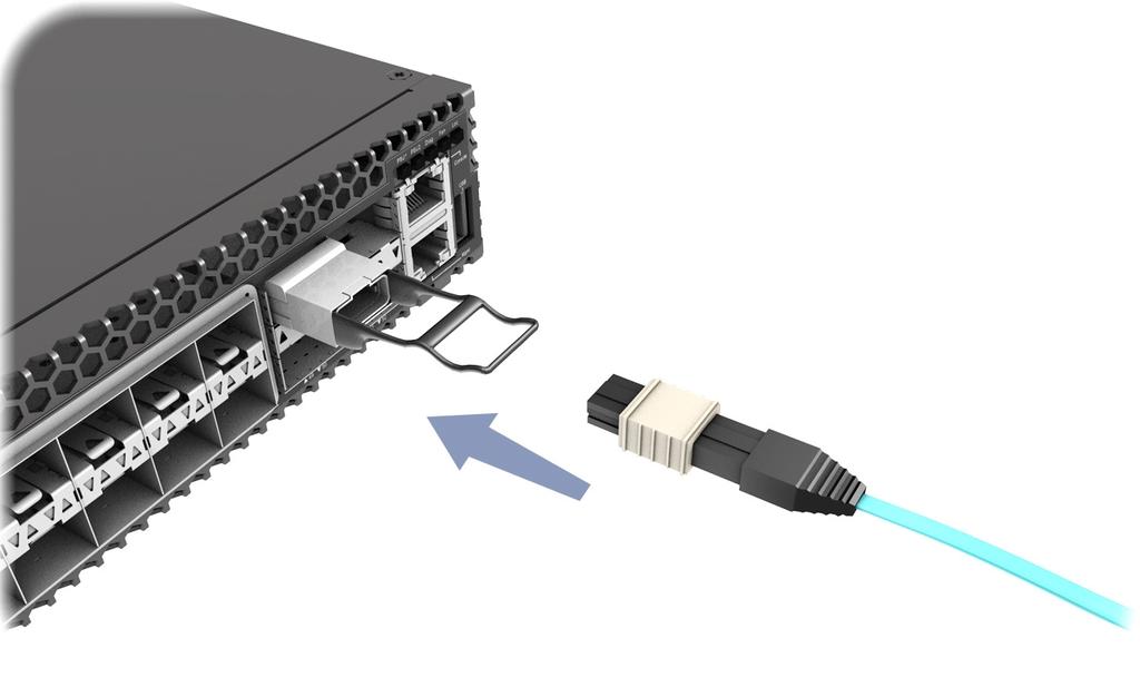 Chapter 5 Port Connections How to Connect to QSFP+ Fiber Optic Ports 3. Connect one end of the cable to the QSFP+ port on the switch and the other end to the QSFP+ port on the other device.
