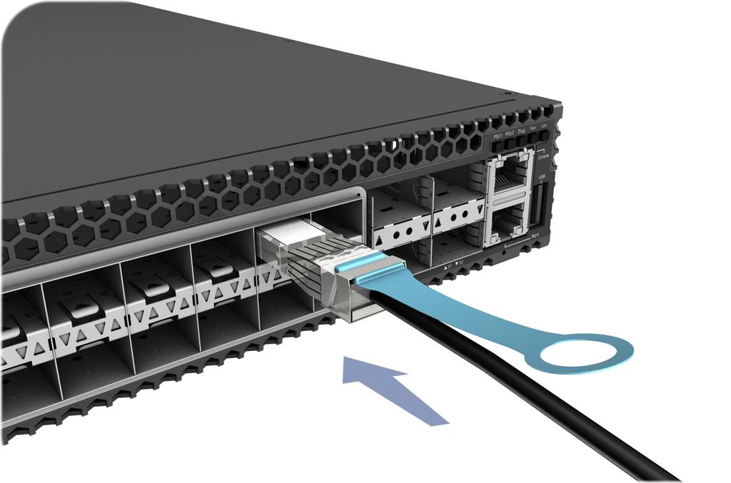 Chapter 5 Port Connections DAC Connections Figure 27: Making DAC Connections 0G SFP+ DAC Cable 2. Plug the other end of the twinax cable into an SFP+/QSFP+ slot on the switch. 3.