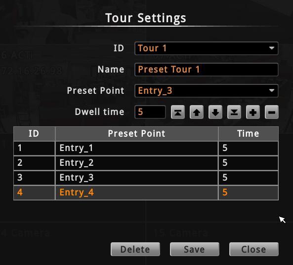 6. Repeat steps 4 to 5 to add more preset points to the tour. TIP: Use the arrow keys to change the order sequence of preset points. Or, to remove a preset point from the tour, click. 7.