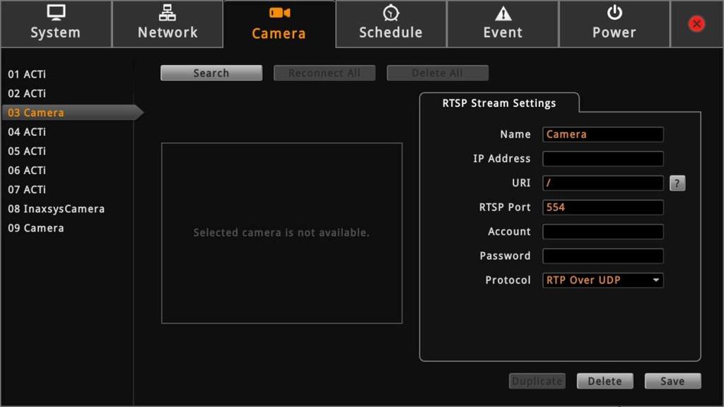 Adding Cameras Manually via RTSP In case you want to add cameras via Real Time Streaming Protocol (RTSP), use the Add Camera Manually (RTSP) function.