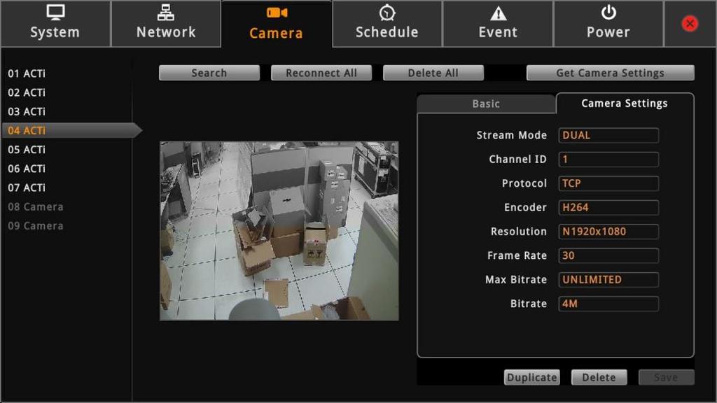 5. To modify streaming properties, click the Camera Settings tab, and modify the settings, as needed. Item Stream Mode Channel ID Protocol Encoder Resolution Frame Rate Max Bitrate (only for H.