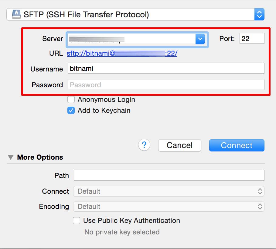 process. Use the "Connect" button to connect to the server and begin an SFTP session. You should now be logged into the /home/bitnami directory on the server.