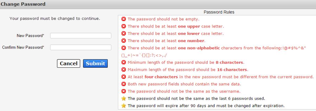 7. On the Change Password screen: a. Read the password rules. b. Enter your new password in the fields provided.