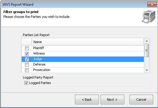 8. If the Logged Parties checkbox under the Logged Party Report is checked in the Filter Groups to Print page and the Finish button is pressed, a Logged
