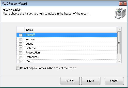 11. If Condensed is selected, the Filter Header window will open with a list of available parties.