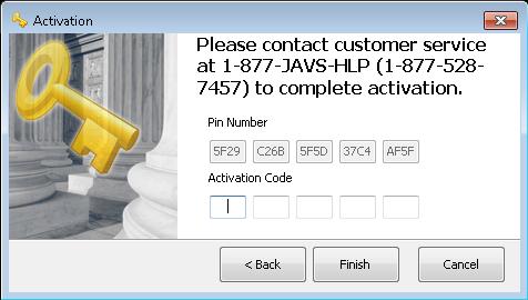 A contact screen will appear with the JAVS Help Desk phone number. Contact the JAVS help desk with the number provided, and give the Pin Number to the Help Desk technician.