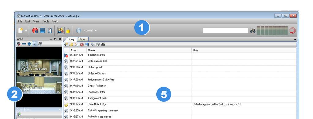 AutoLog 7 Overview 1) Main Toolbar 2) Video Window 3) Quick Events, Parties and Exhibits Window