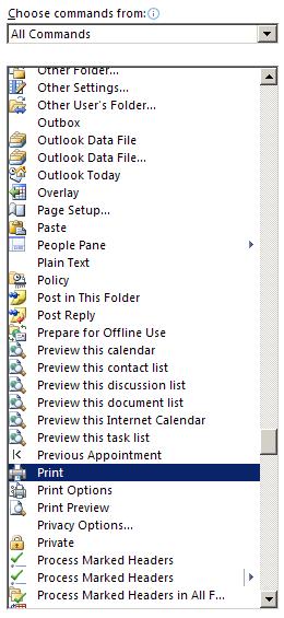 For example, you can select All Commands for a complete list of Outlook commands to pick