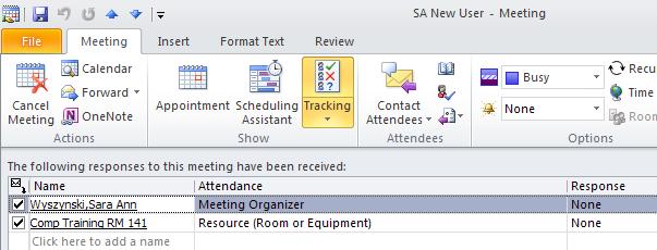 To review the list of those invited and their responses, you can click on the Meeting tab and