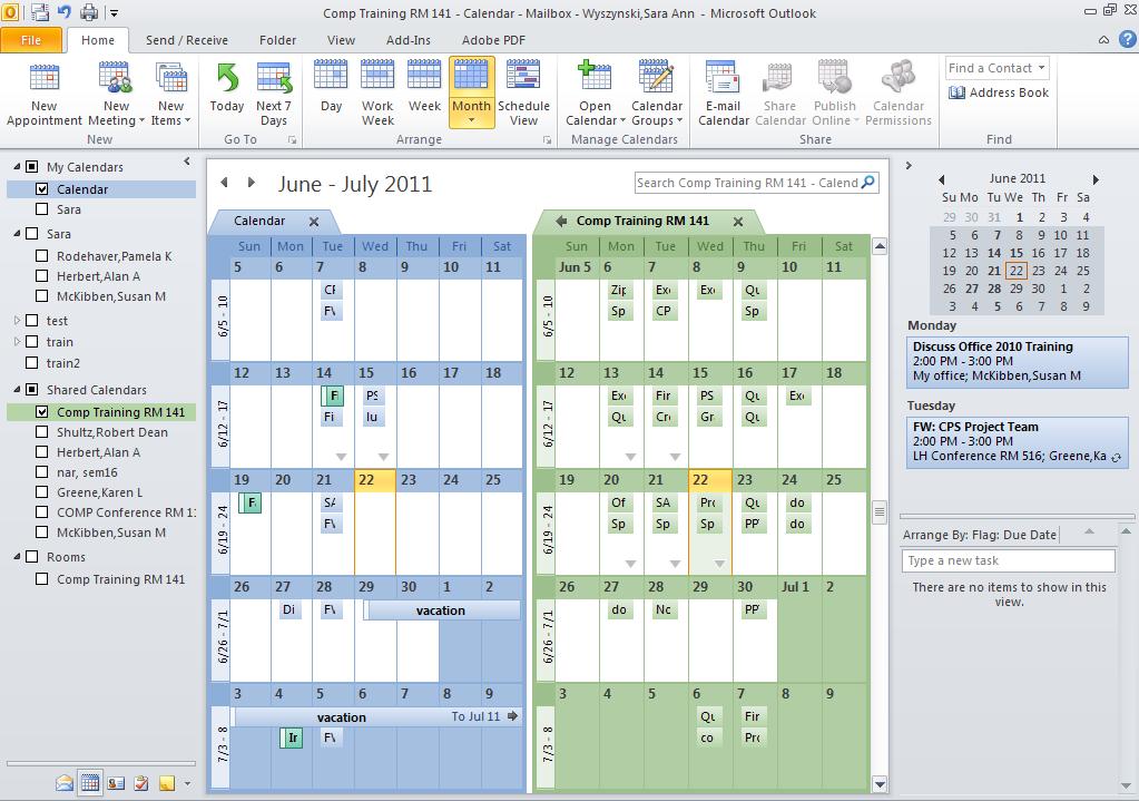 3. After you locate the person or resource, the Calendar will open in the Appointment Area. 4. The Calendar opens, along with your default Calendar, in Side by Side mode.