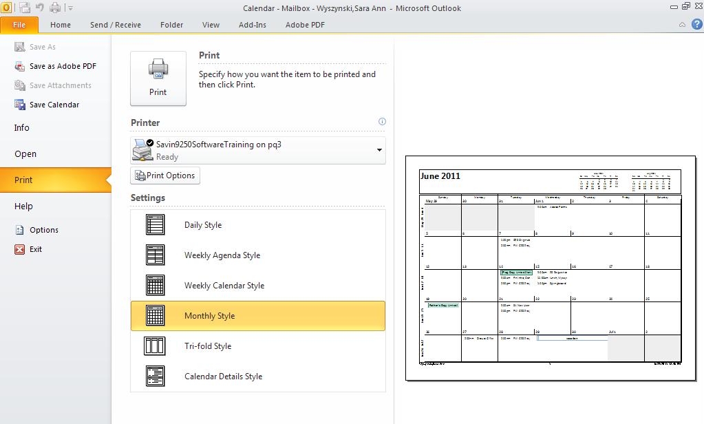 2. Click on the Print tab in the left frame. In the Settings frame, you can select how you want your Calendar to print.