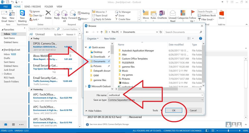 Exporting Outlook - Steps 7-8 Select "Documents" on the