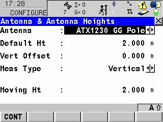 Check that this is set to None. Then press F1 (CONT) to 4 Highlight Antenna and Antenna Hts and press F3 (EDIT).
