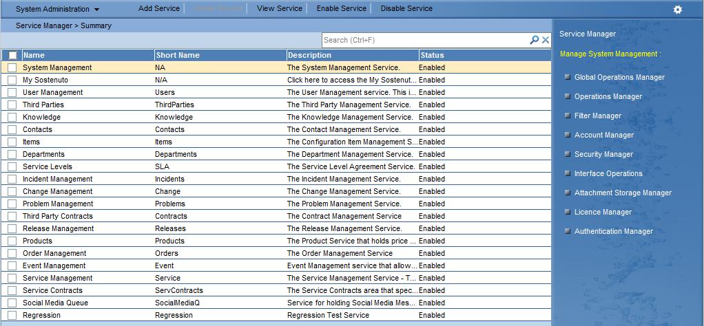 Service Manager When you select the System Management service from the Services bar, the Service Manager > Summary screen is displayed.