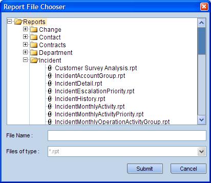 3 Use the... (browse) button on the right hand side of the Report File Name field to select the actual Crystal Report file from a file chooser window.