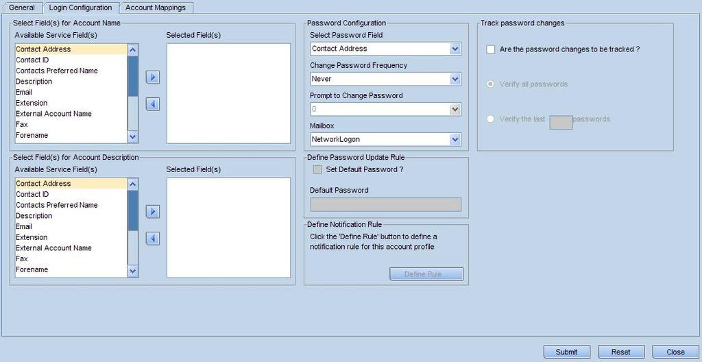4. Account Manager Login Configuration tab Change to the Login Configuration tab. The following screen is displayed.