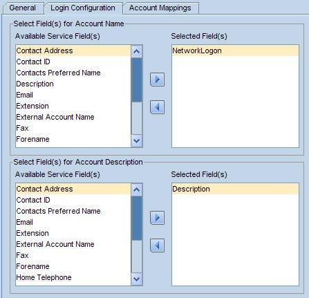 Figure 24: Defining the Login Configuration This tab enables you to define the field mappings used to form the Account information, i.e. the Account Name, Account Description and Password.