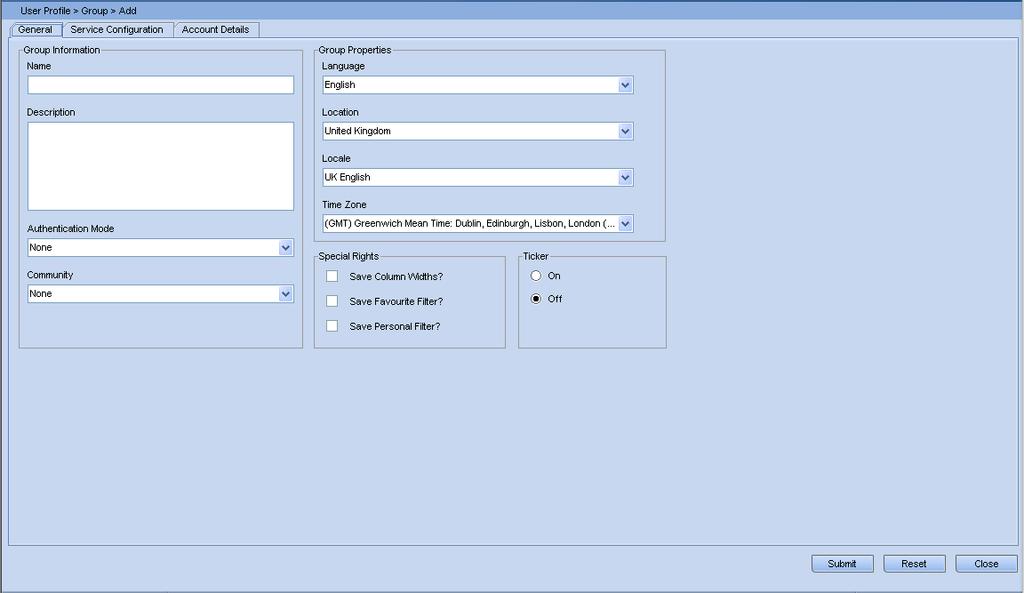 Figure 42: Viewing Groups General tab 1 Click Add Group in the Operations Area. The following screen will be displayed, with the General tab selected as default.