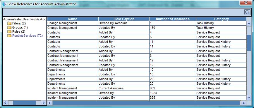 Account Manager A grid similar to this is displayed: Figure 55: View all the instances of this account being referenced in runtime services.