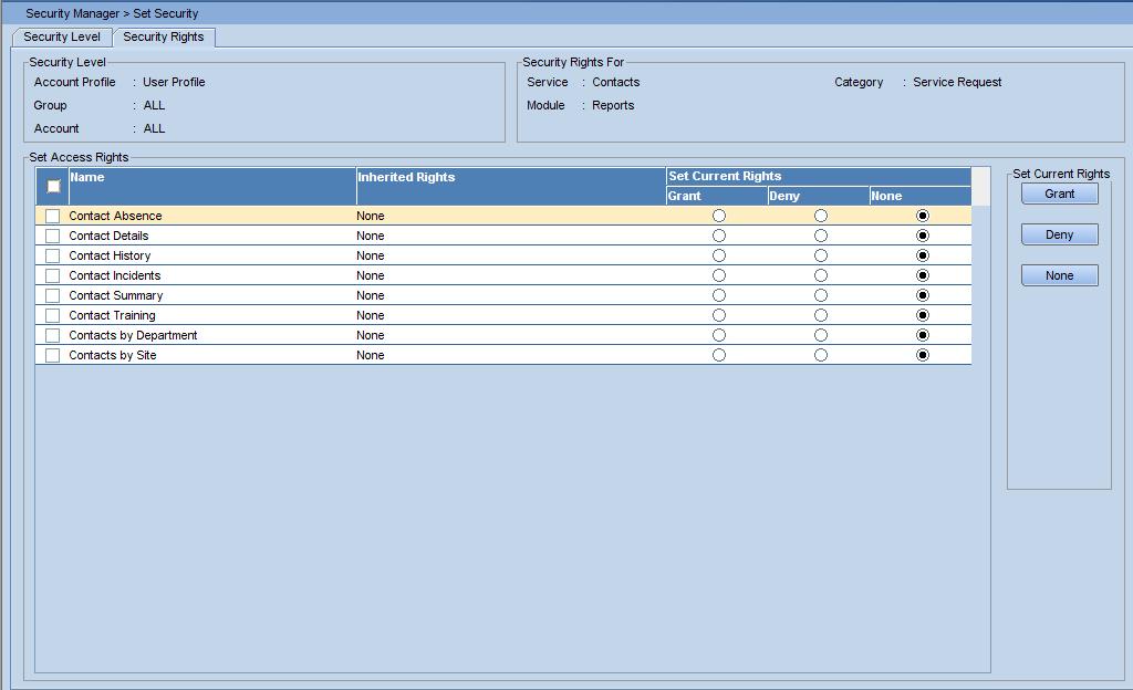 Security Manager 1 In the Set Access Rights grid, click the checkbox of each Report for which you want to set security.