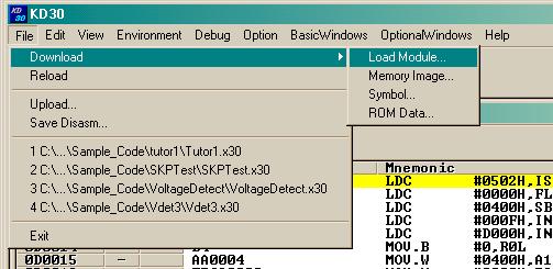 Download a Program to the SKP16C26 Board (M16C/26 MCU) Click on File, then select Download, Load Module Note: When you
