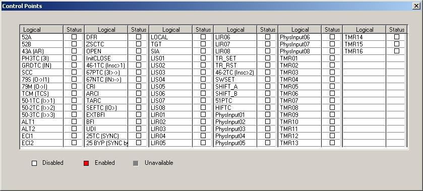 Control The Control screen (Figure 6-7) displays which functions are enabled or disabled based on the program statement of the Advanced Programmable Logic Use this screen to verify and validate the