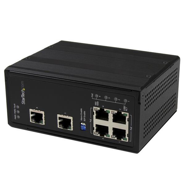 6 Port Unmanaged Industrial Gigabit Ethernet Switch w/ 4 PoE+ Ports and Voltage Regulation - DIN Rail / Wall-Mountable Product ID: IES61002POE The IES61002POE 6-Port Industrial PoE+ switch lets you