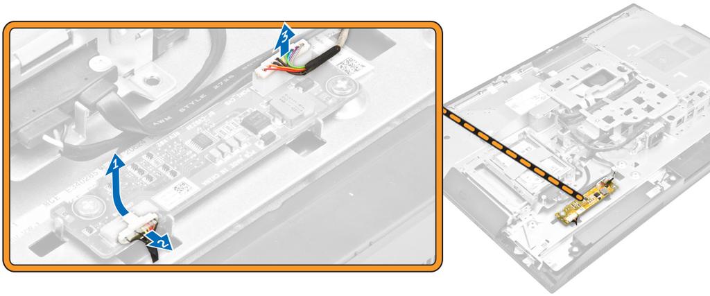 4. Perform the following steps as shown in the illustration: a. Remove the screws that secure the converter board to the chassis [1]. b. Lift the converter board away from the chassis [2].