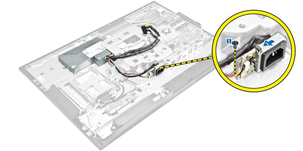 c. cable cover d. speaker cover e. system-board shield 3. Perform the following steps as shown in the illustration: a. Unthread the power-supply cables from the retention clips in the chassis [1]. b.