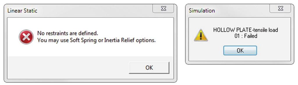 Figure 2-21: Failed solution warning window. Here, the solution of a model with no restraints was attempted.