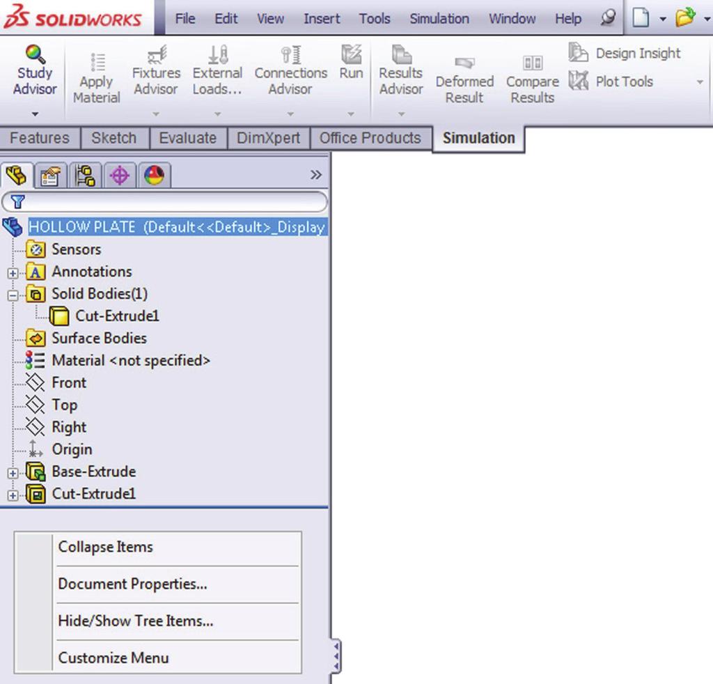 Simulation Pin down Study creation icon Simulation tab Right-click anywhere in the Feature Manager Design Tree.