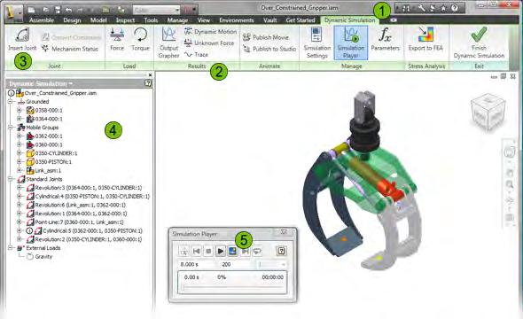 The Dynamic Simulation Interface The DynamicSimulationenvironment uses the same major interface components that you use in the part or assembly environments, including the Autodesk Inventor window,