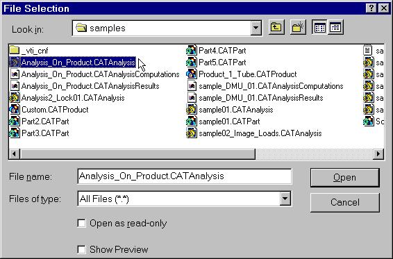 Page 12 In this particular case, select Analysis_On_Product.CATAnalysis in the samples directory. 4. Click OK in the File Selection dialog box. The CATAnalysis component is added to the existing ones.