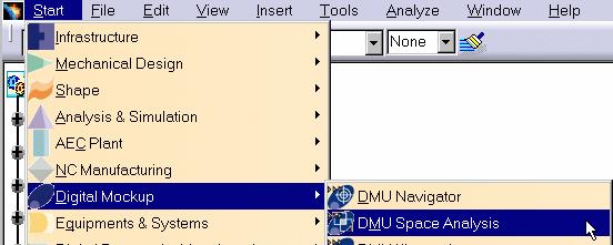 Using DMU Space Analysis From CATAnalysis Results Page 14 You can now perform any of the DMU Space Analysis operations using 3D Analysis results, as if this was CATPart geometry. 1. Go to Start -> Digital Mockup -> DMU Space Analysis workbench.