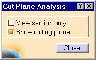 Page 43 The Cut Plane Analysis dialog box is displayed. The compass is automatically positioned on the part, with a Cutting Plane normal to its privileged direction.