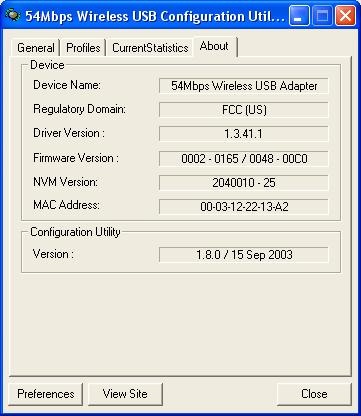 3.6 About This page displays some information about the WNC-0300USB, 11g wireless USB adapter, which includes the version numbers for Driver, Firmware and Utility.