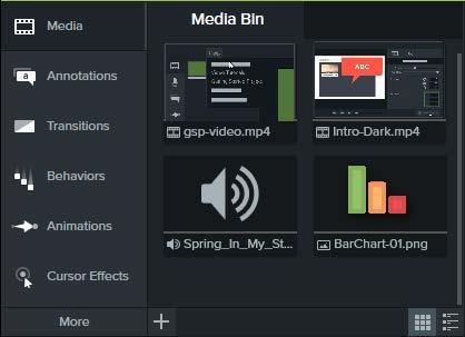 Camtasia Media Bin Media Bin references all video, audio, and image clips imported into the current project. You can add multiple instances of a clip onto the timeline.