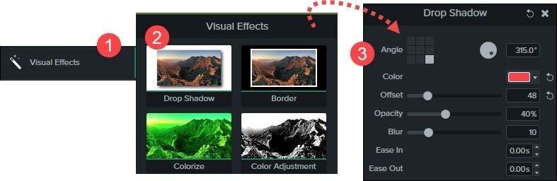 To add a visual effect: 1. Click the Visual Effects tab. 2. Drag visual effect to an image, media, or recording. 3. Customize in Properties. 1 2 3 Using Visual Effects This Effect.